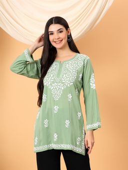 Poshak Chikan Studio - Women Green Lucknowi Chikankari Modal Short Kurti