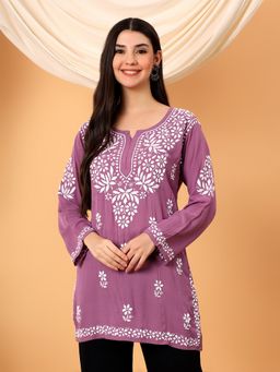 Poshak Chikan Studio - Women Mauve Lucknowi Chikankari Modal Short Kurti