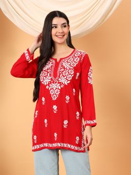 Poshak Chikan Studio - Women Red Lucknowi Chikankari Modal Short Kurti