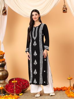 Poshak Chikan Studio - Women Black Lucknowi Chikankari Rayon Straight Kurta