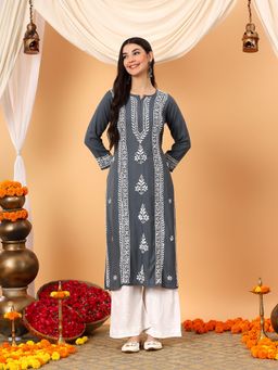 Poshak Chikan Studio - Women Grey Lucknowi Chikankari Rayon Straight Kurta