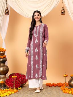Poshak Chikan Studio - Women Mauve Lucknowi Chikankari Rayon Straight Kurta