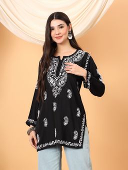 Poshak Chikan Studio - Women Black Lucknowi Chikankari Modal Short Kurti