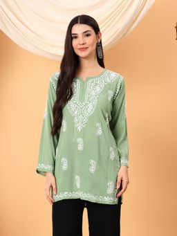 Poshak Chikan Studio - Women Green Lucknowi Chikankari Modal Short Kurti
