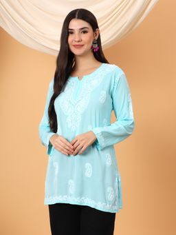 Poshak Chikan Studio - Women Blue Lucknowi Chikankari Modal Short Kurti