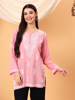 Poshak Chikan Studio - Women Pink Lucknowi Chikankari Modal Short Kurti