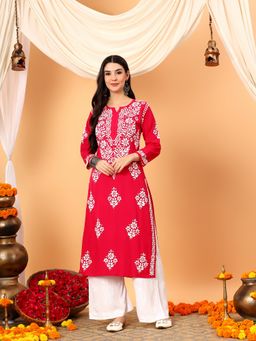 Poshak Chikan Studio - Women Pink Lucknowi Chikankari Rayon Straight Kurta