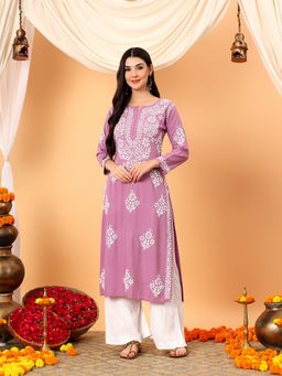 Poshak Chikan Studio - Women Mauve Lucknowi Chikankari Rayon Straight Kurta