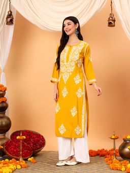 Poshak Chikan Studio - Women Yellow Lucknowi Chikankari Rayon Straight Kurta
