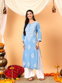Poshak Chikan Studio - Women Blue Lucknowi Chikankari Rayon Straight Kurta