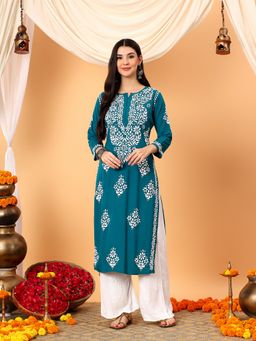 Poshak Chikan Studio - Women Teal Lucknowi Chikankari Rayon Straight Kurta
