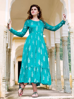 Missprint - Teal And White Block Printed Georgette Dress