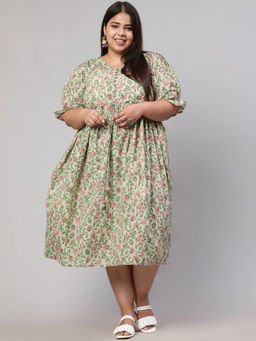 Jaipur Kurti - Plus Size Green Ethnic Floral Printed Flared Midi Dress