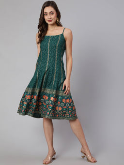 Jaipur Kurti - Green Printed Strappy Knee Length Dress