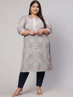 Jaipur Kurti - Plus Size Grey Mirror Work Printed Straight Kurta