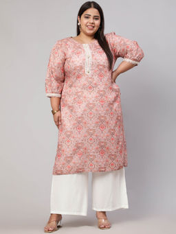 Jaipur Kurti - Plus Size Peach Mirror Work Printed Straight Kurta