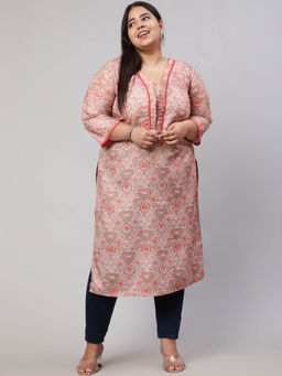 Jaipur Kurti - Plus Size Peach Ruffled Printed Straight Kurta