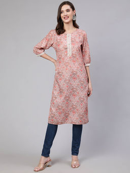 Jaipur Kurti - Peach Mirror Work Printed Straight Kurta