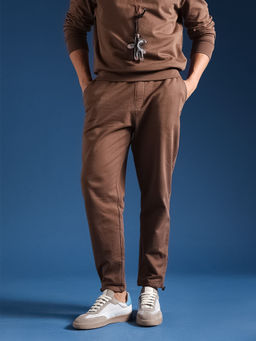 The Bear House - Men Solid Cotton Relaxed Fit Brown Trackpant