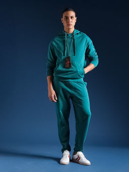 The Bear House - Men Solid Cotton Relaxed Fit Teal Trackpant