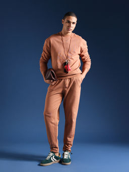 The Bear House - Men Solid Cotton Relaxed Fit Beige Trackpant