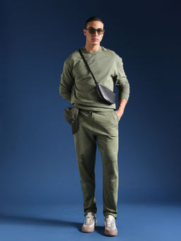 The Bear House - Men Solid Cotton Relaxed Fit Green Trackpant