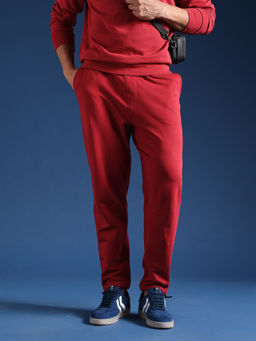 The Bear House - Men Solid Cotton Relaxed Fit Red Trackpant
