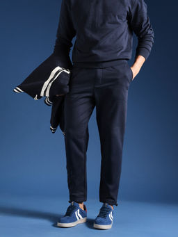 The Bear House - Men Solid Cotton Relaxed Fit Blue Trackpant