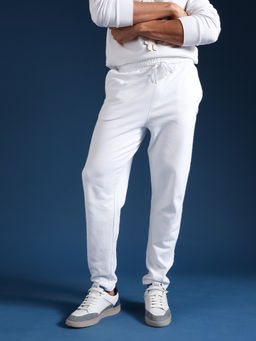 The Bear House - Men Solid Cotton Relaxed Fit White Trackpant