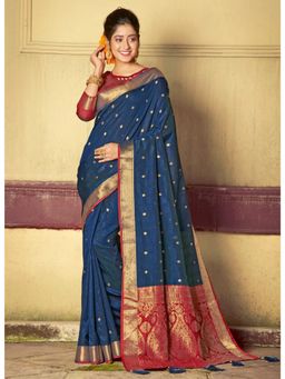 Sangam Prints - Navy Blue Handloom Silk Woven Work Traditional Saree with Unstitched Blouse