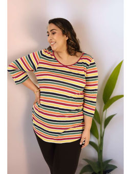 Amydus - Plus Size Multi-Color Stripes Cotton T-shirt