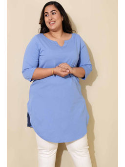 Amydus - Plus Size Blue Cotton Longline T-Shirt