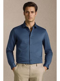 Louis Philippe - Men Navy Blue Solid Full Sleeves Formal Shirt