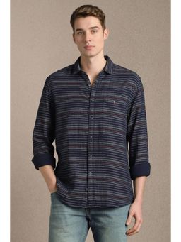 Louis Philippe - Men Navy Stripe Full Sleeves Casual Shirt
