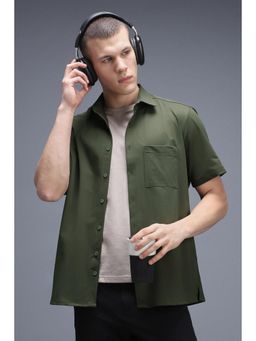 Van Heusen - Men Olive Solid Half Sleeves Casual Shirt
