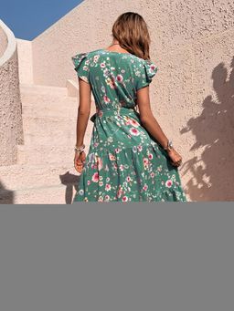 Outzidr - Green Floral Print Belted Maxi Dress