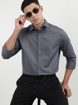 Calvin Klein - Men Grey Cotton Stripes Formal Shirt