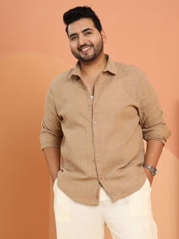 Instafab Plus - Men Beige Polyester Textured Casual Shirt