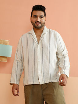 Instafab Plus - Men White Cotton Stripes Casual Shirt
