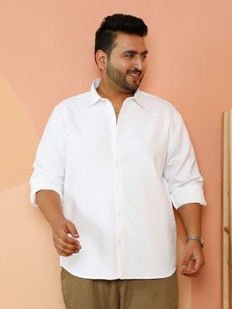 Instafab Plus - Men White Polycotton Self Design Casual Shirt