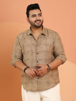 Instafab Plus - Men Beige Polycotton Self Design Casual Shirt