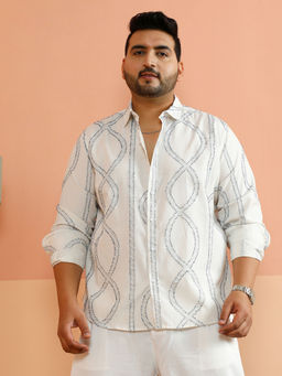 Instafab Plus - Men White Polycotton Geometric Casual Shirt