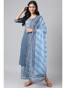 Aurelia - Blue Printed Kurta with Palazzo and Dupatta (Set of 3)