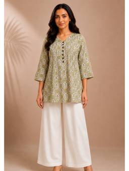 PANCHRANGA - Meher Olive Hand Block Print Pintuck Top