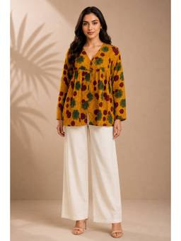 PANCHRANGA - Mustard Kesariya Gul Hand Ajrakh Gather Top