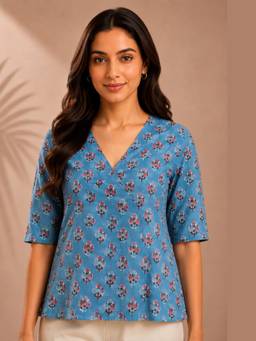 PANCHRANGA - Blue Neel Phool Hand Block Printed Cotton Top