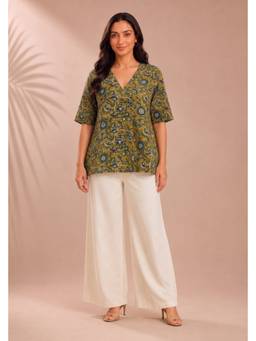 PANCHRANGA - Brown Mehfil Olive Hand Block Printed Cotton Top
