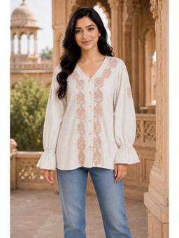 PANCHRANGA - Ivory Gulab Hand Chikankari Cotton Dobby Top