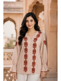 PANCHRANGA - Beige Gulnaar Rose Hand Chikankari Cotton Dobby Top