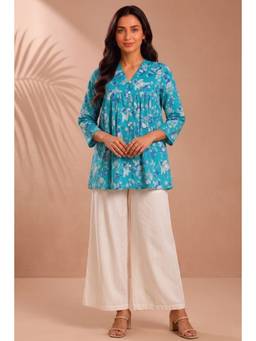 PANCHRANGA - Turquoise Neel Aabha Hand Block Printed Gather Top